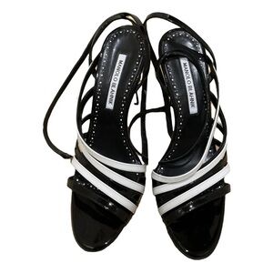 Manolo Blahnik Black White Patent Leather Strappy Stiletto Heel Sandals 40 1/2